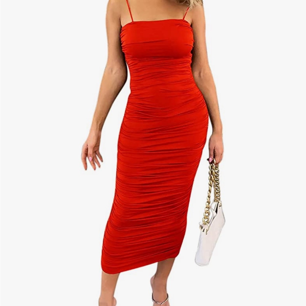 Red midi dress with spaghetti straps